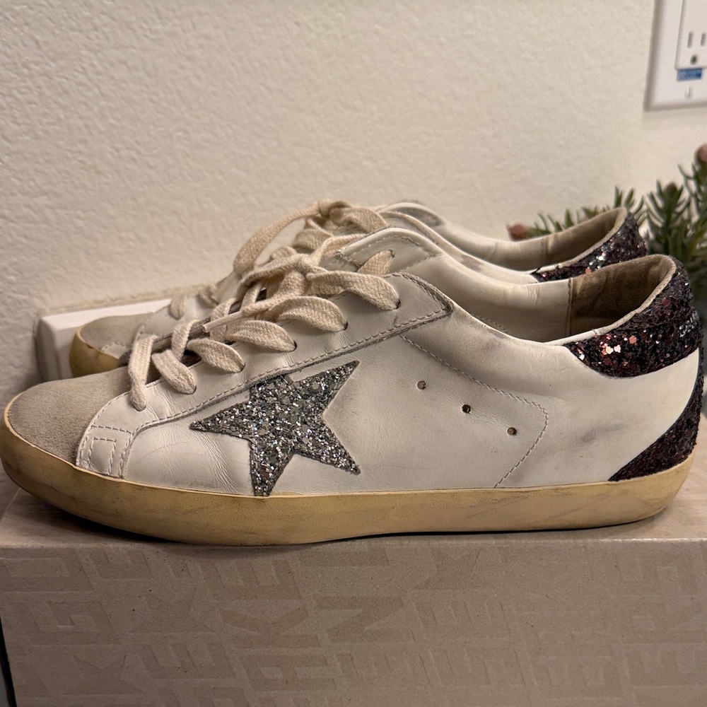 Golden Goose White Sneakers with Silver Star and Glitter Heel; worn 10x